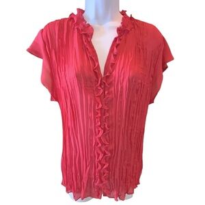 Worthington Button Down Top Coral Super Lightweight V-Neck Ruffles Cap Sleeve XL